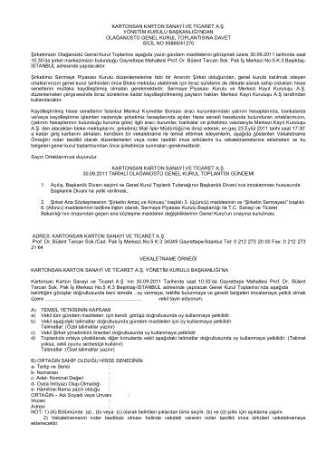 30/09/2011 Tarihli Olağanüstü Genel Kurul Davet İlanı