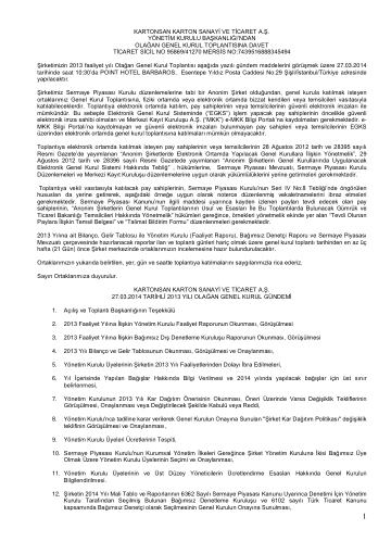27/03/2014 Tarihli Kartonsan Olağan Genel Kurul Davet İlanı