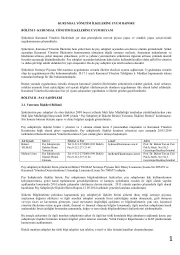 Kurumsal Yönetim İlkelerine Uyum Raporu 2014