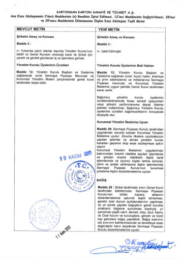 SPK ve Bakanlık Onaylı Ana Sözleşme Tadil Tasarısı