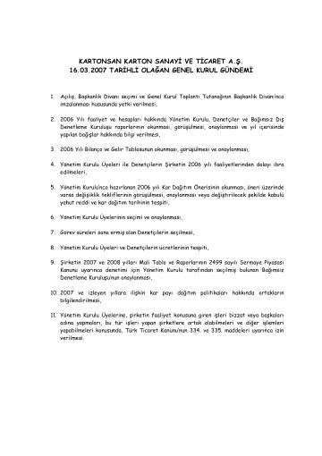 16/03/2007 Tarihli Olağanüstü Genel Kurul Gündemi ve Kâr Dağıtım Önerisi