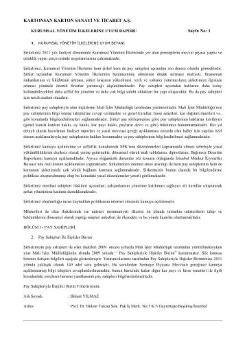 Kurumsal Yönetim İlkelerine Uyum Raporu 2011