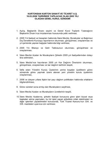 16/03/2006 Tarihli Olağan Genel Kurul Gündemi ve Kâr Dağıtım Önerisi