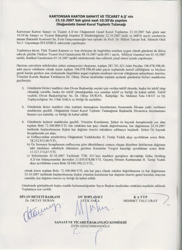 23/10/2007 Tarihli Olağanüstü Genel Kurul Toplantı Tutanağı