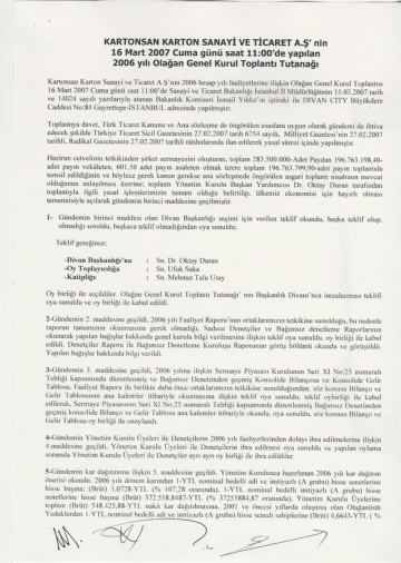 16/03/2007 Tarihli Olağanüstü Genel Kurul Toplantı Tutanağı