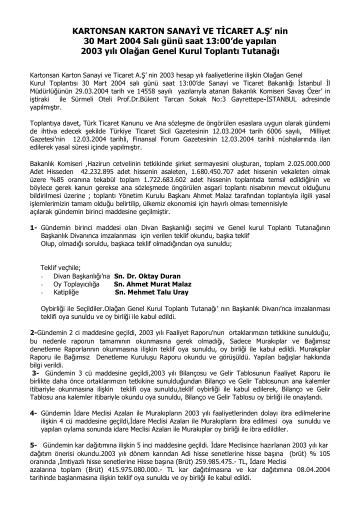 30/03/2004 Tarihli Olağan Genel Kurul Toplantı Tutanağı