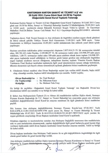 30.09.2011 Tarihli Olağanüstü Genel Kurul Toplantı Tutanağı