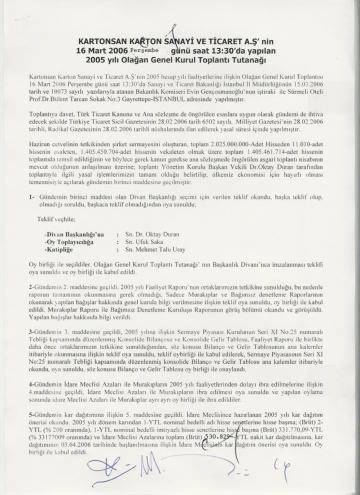 16/03/2006 Tarihli Olağan Genel Kurul Toplantı Tutanağı