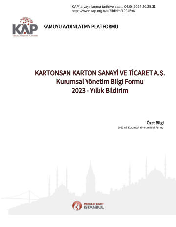 Kartonsan 2023 Yılı Kurumsal Yönetim İlkeleri Bilgi Formu Bildirimi