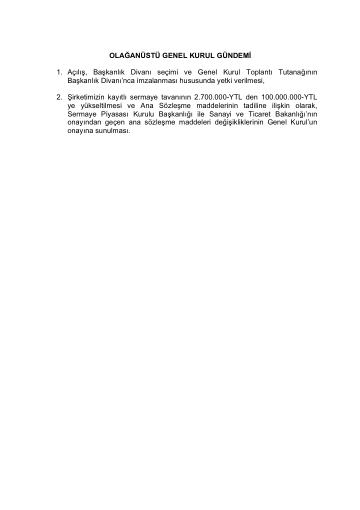 28/06/2006 Tarihli Olağanüstü Genel Kurul Gündemi