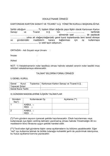 Genel Kurul Vekaletmane Örneği