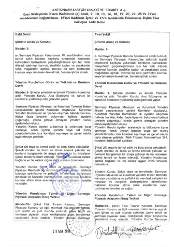 Bakanlık ve SPK Onaylı Ana Sözleşme Tadil Tasarısı