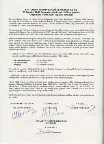 03.08.2006 Tarihli Genel Kurul Toplantı Tutanağı